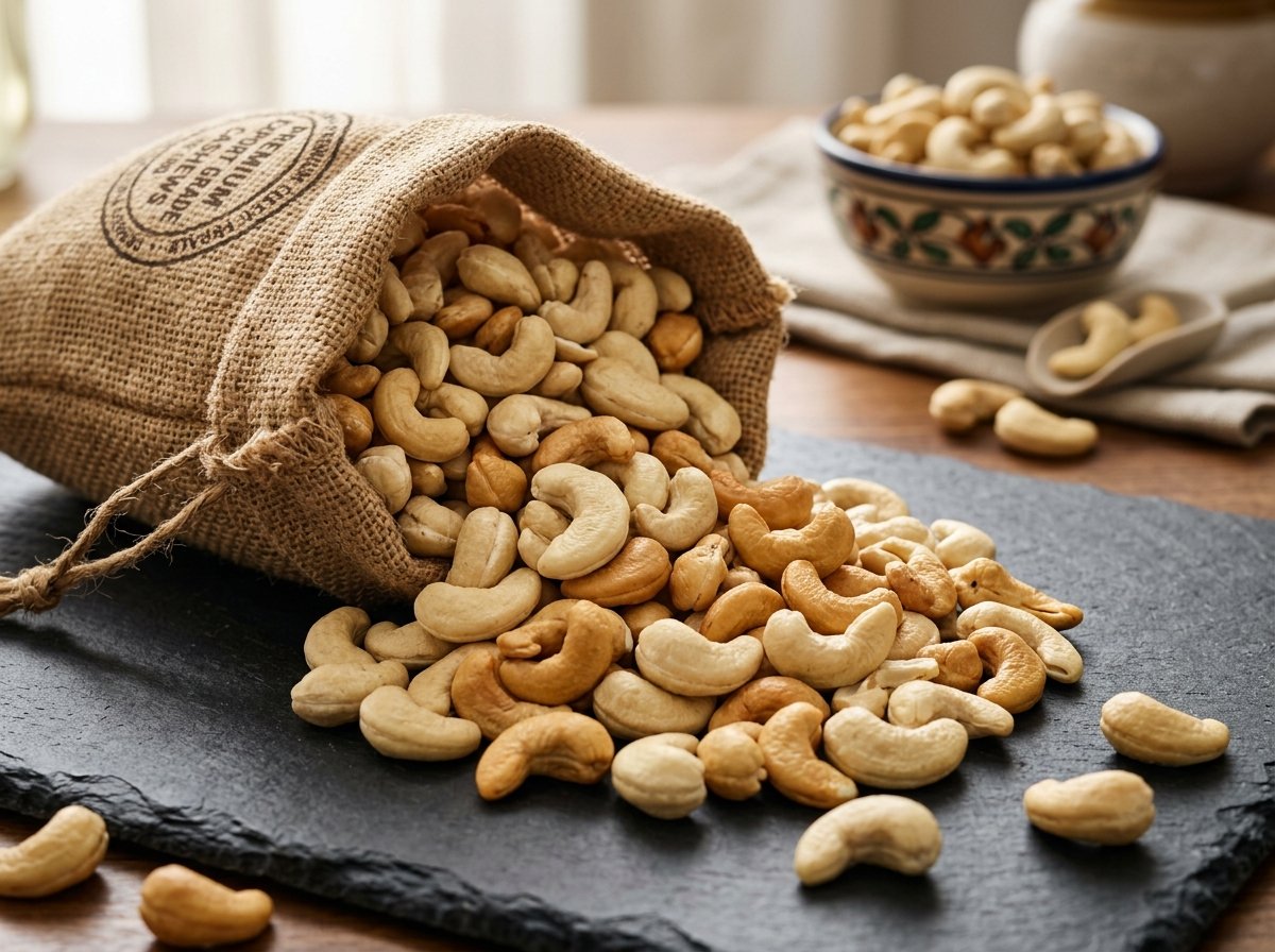 Export quality whole raw and processed cashew nuts cascading on slate table