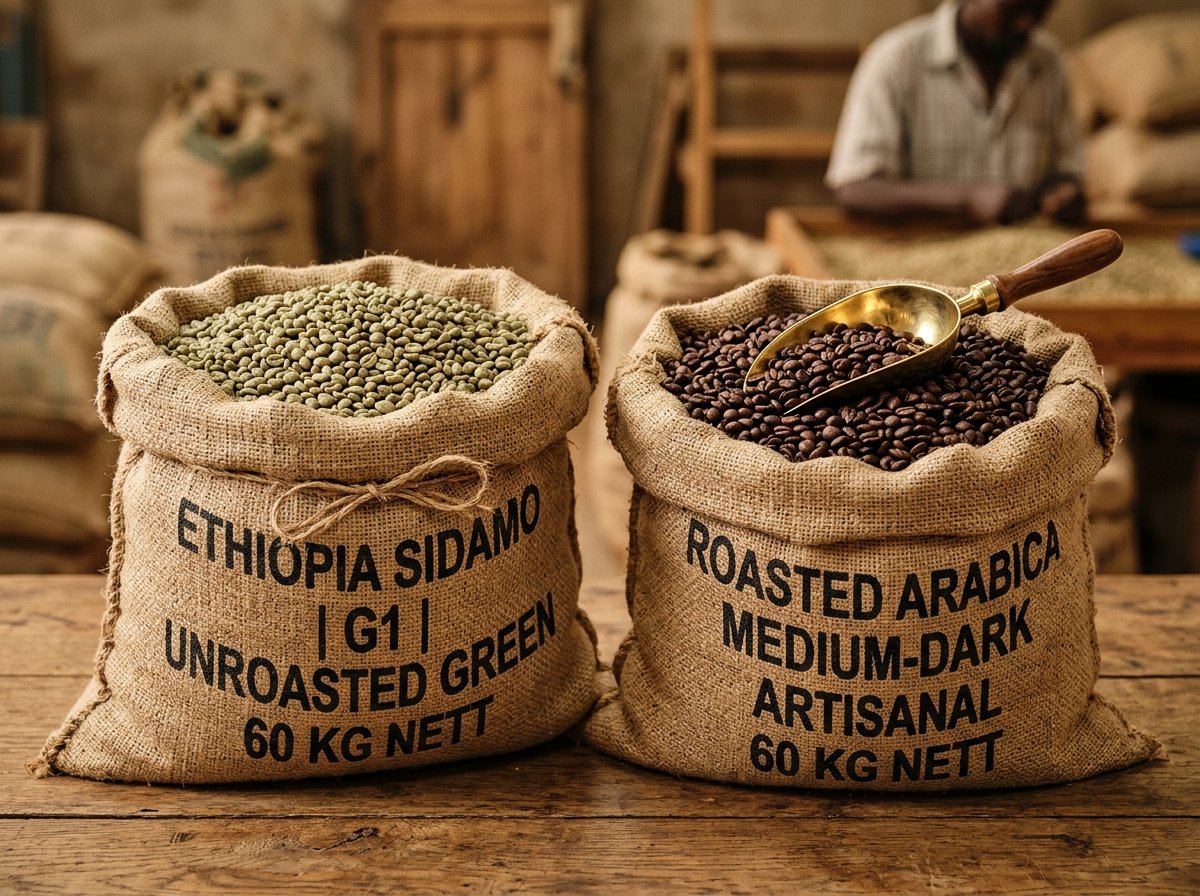 Premium East African green unroasted raw and dark roasted coffee beans in burlap sacks
