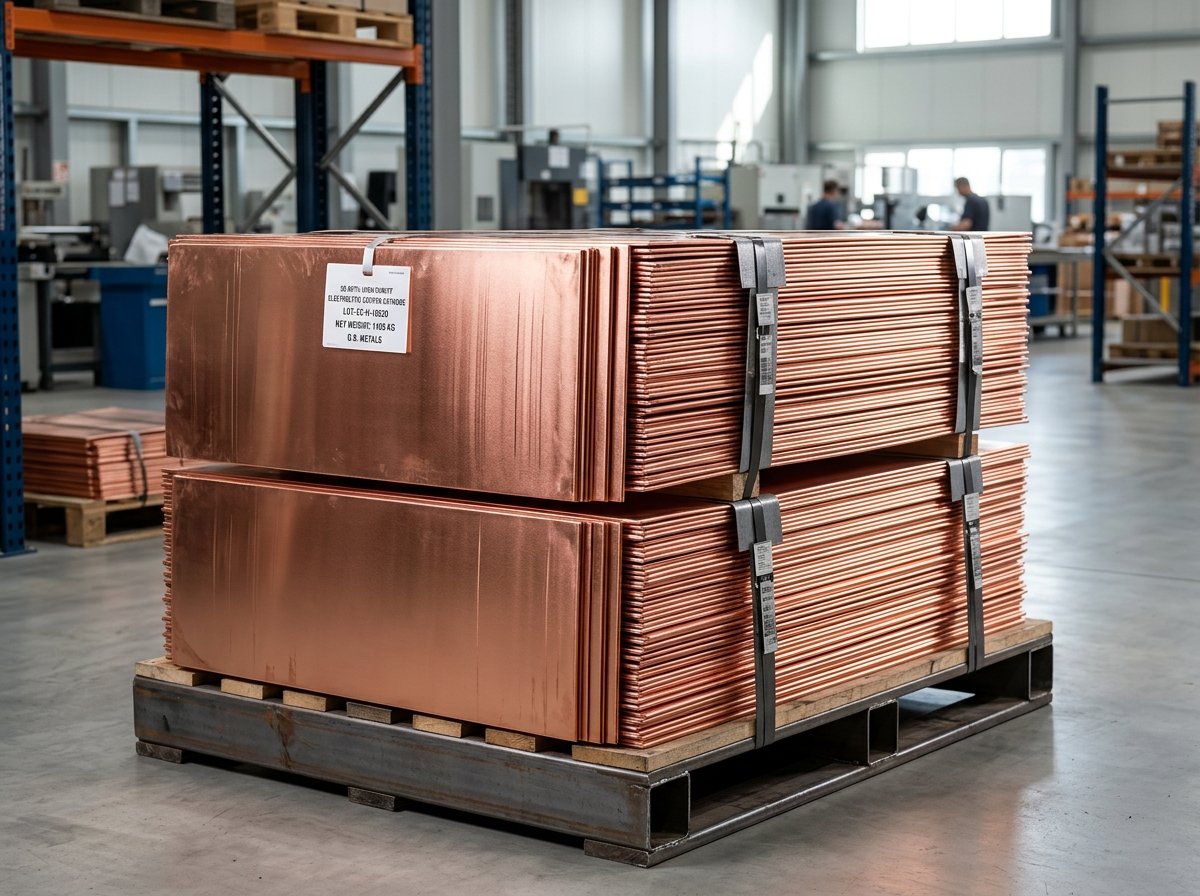 High purity 99.997-9% copper cathode sheets stacked on industrial pallet