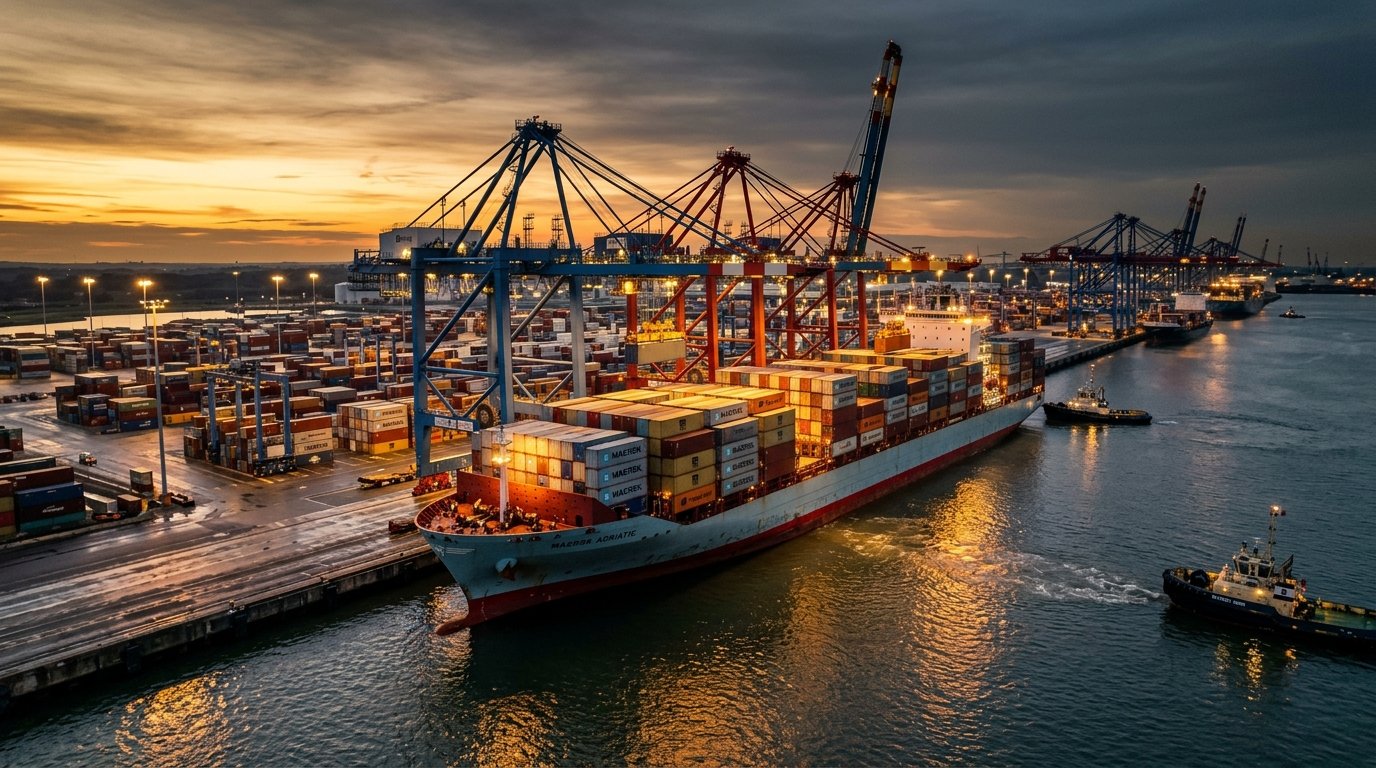 Commercial maritime logistics and global commodity export terminal at dusk