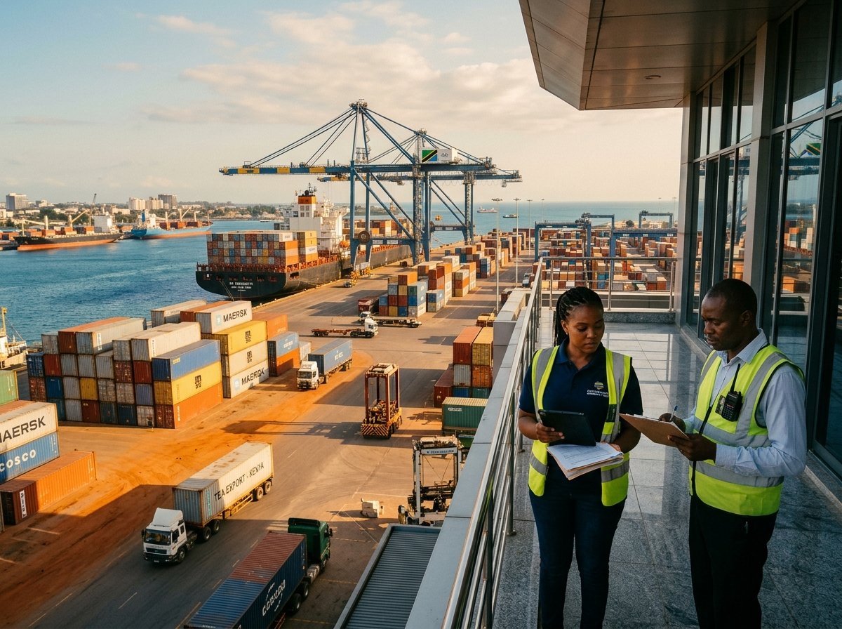 Commercial commodity trade logistics inspection overlooking East African port transit