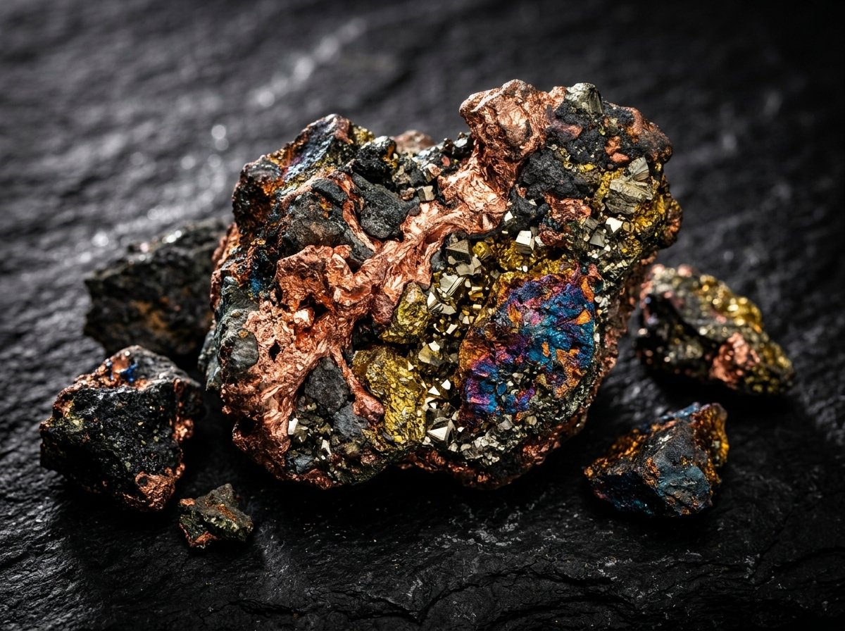 Raw mineral ore specimens with rich geological copper and polymetallic veins