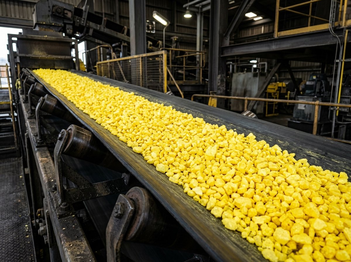 Industrial elemental sulphur granules on bulk handling conveyor system